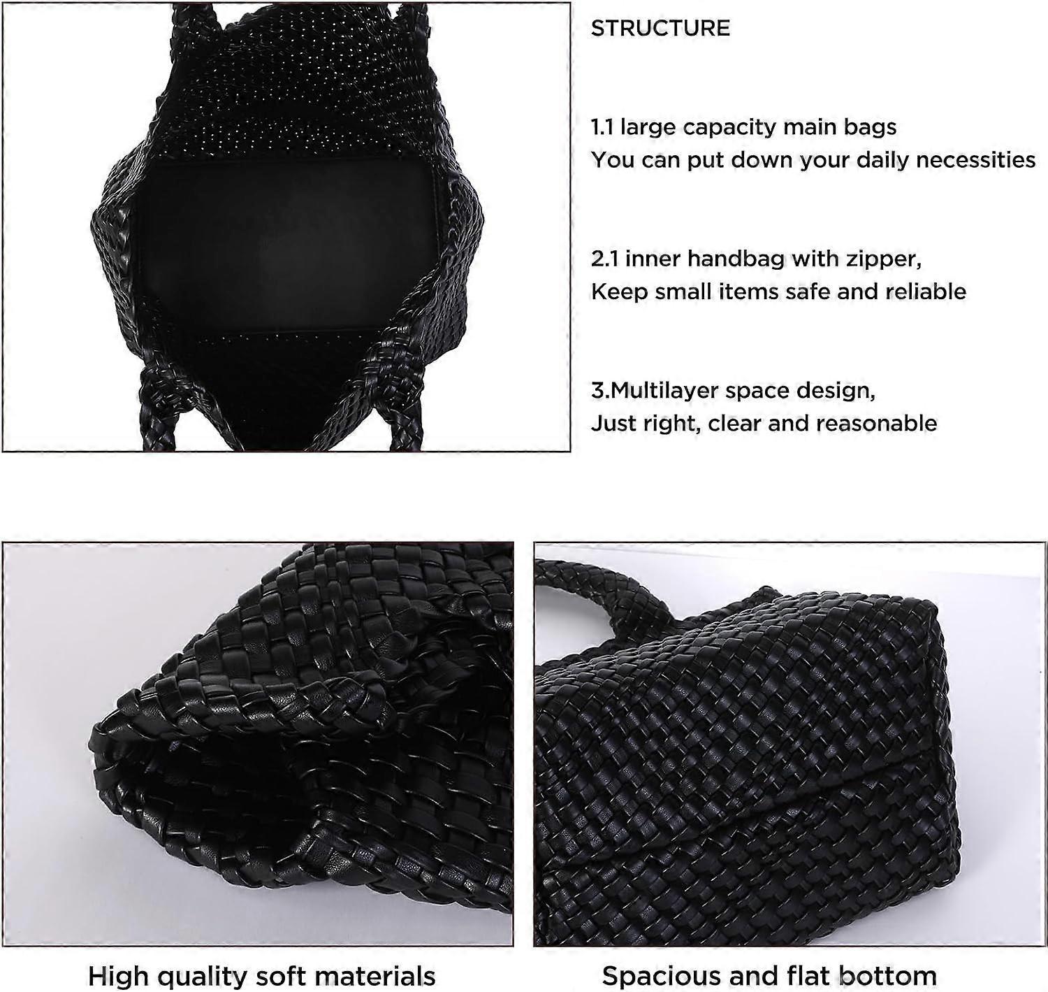Woven Tote Bag for Women Soft Leather Handbag with Pocket