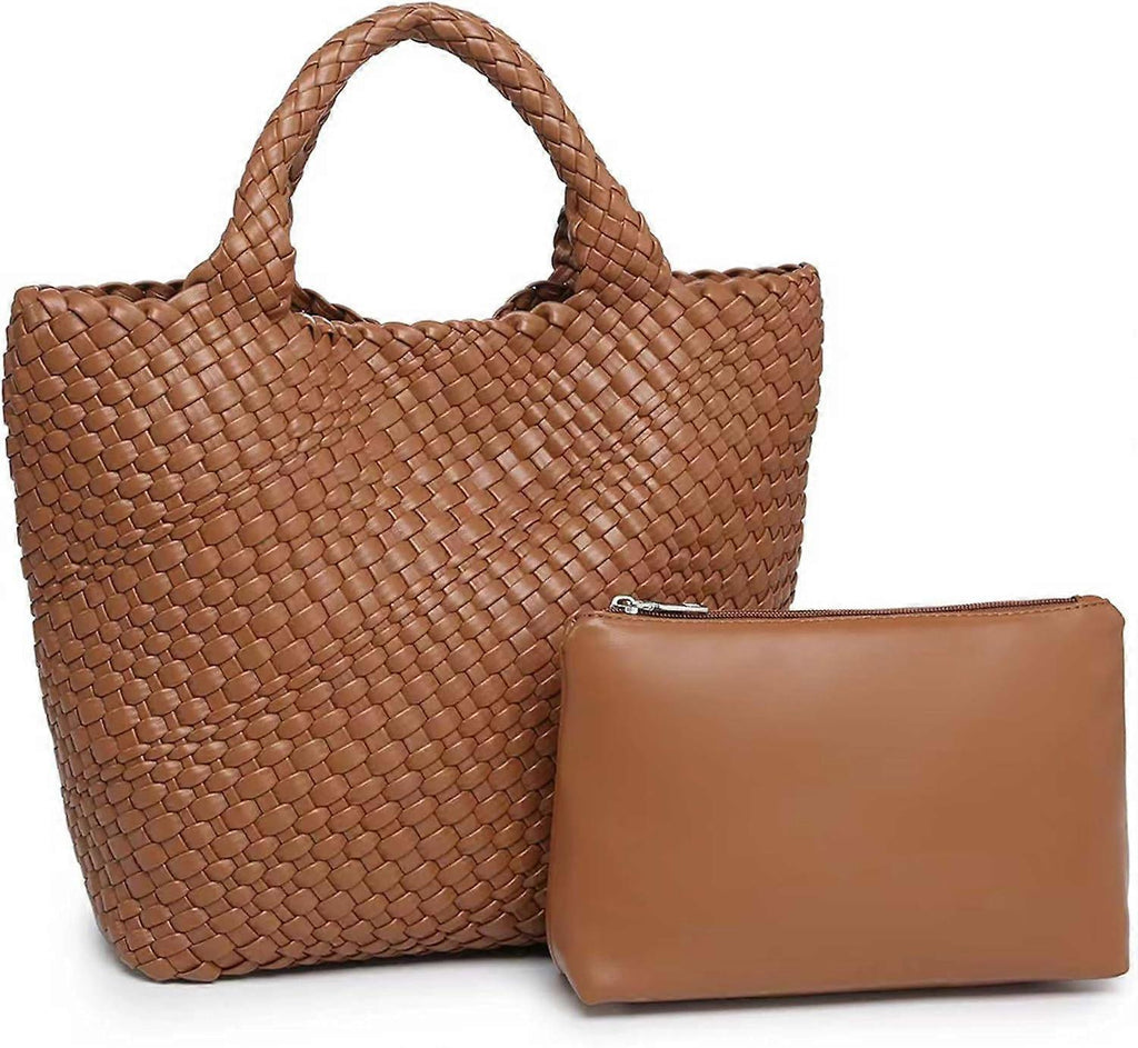 Woven Tote Bag for Women Soft Leather Handbag with Pocket
