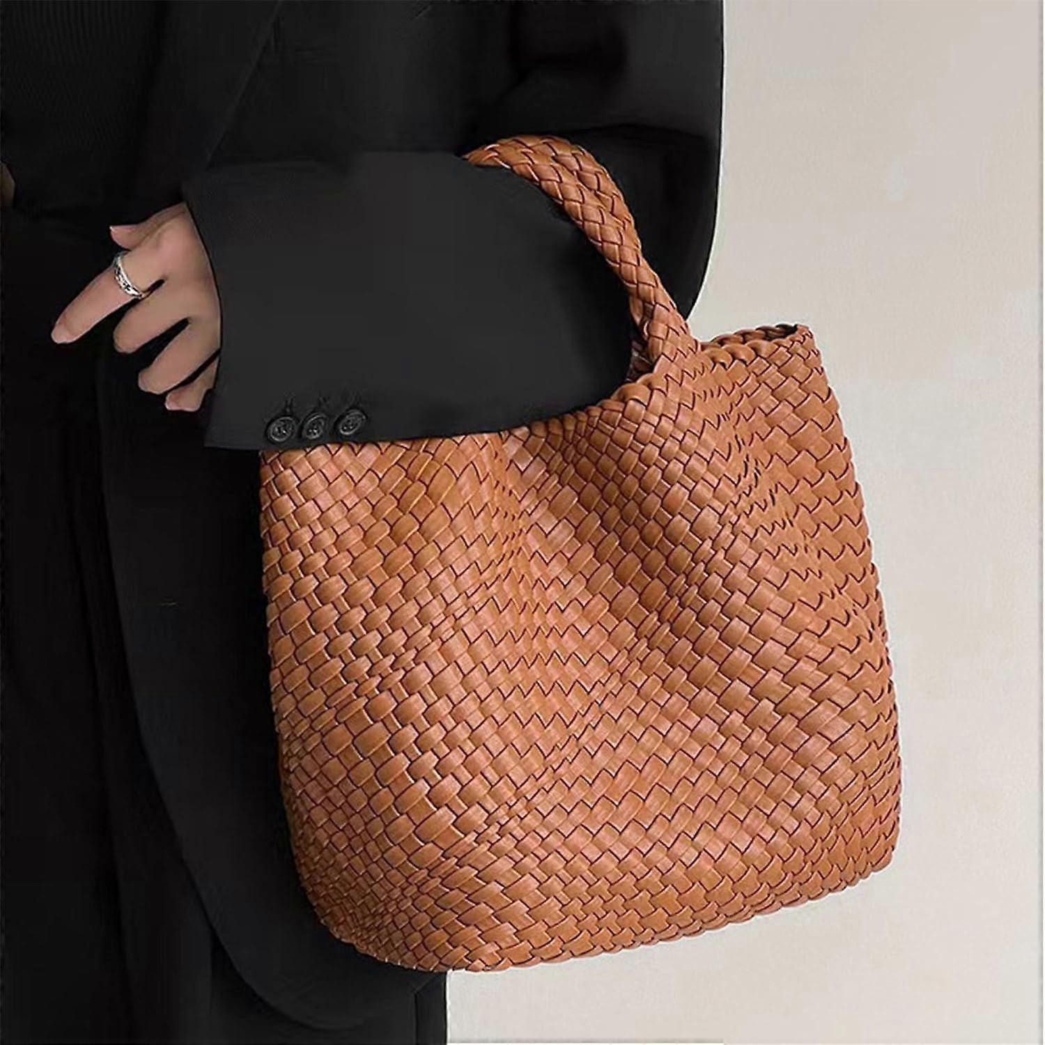 Woven Tote Bag for Women Soft Leather Handbag with Pocket