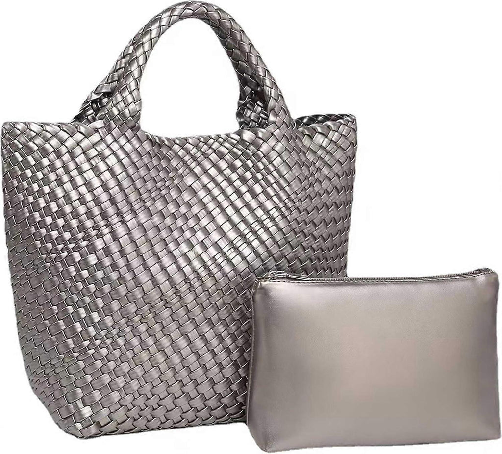 Woven Tote Bag for Women Soft Leather Handbag with Pocket