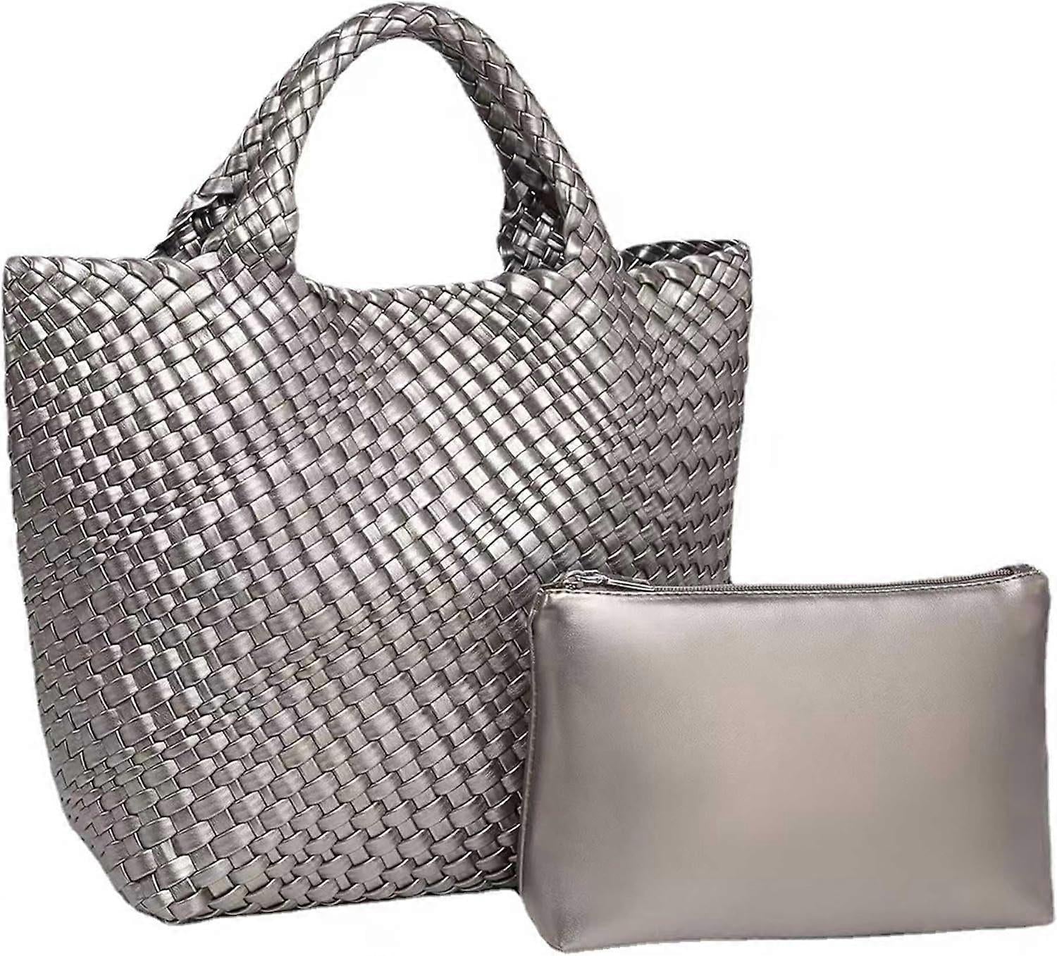Woven Tote Bag for Women Soft Leather Handbag with Pocket