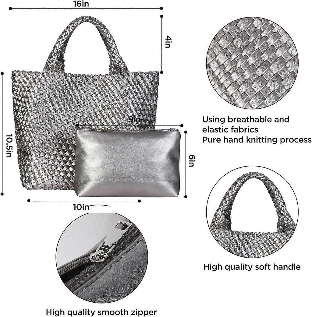 Woven Tote Bag for Women Soft Leather Handbag with Pocket