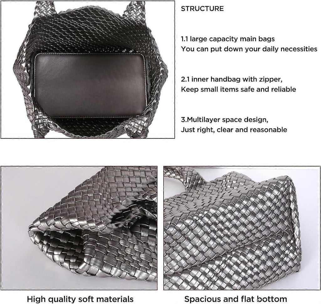 Woven Tote Bag for Women Soft Leather Handbag with Pocket