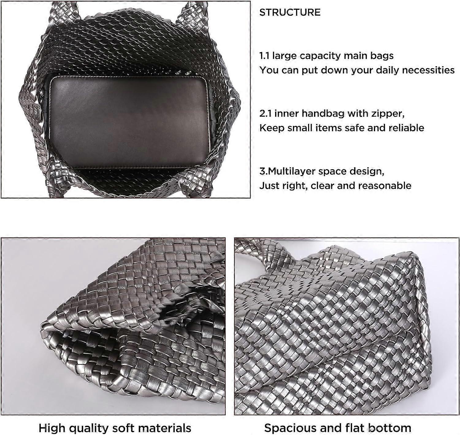 Woven Tote Bag for Women Soft Leather Handbag with Pocket