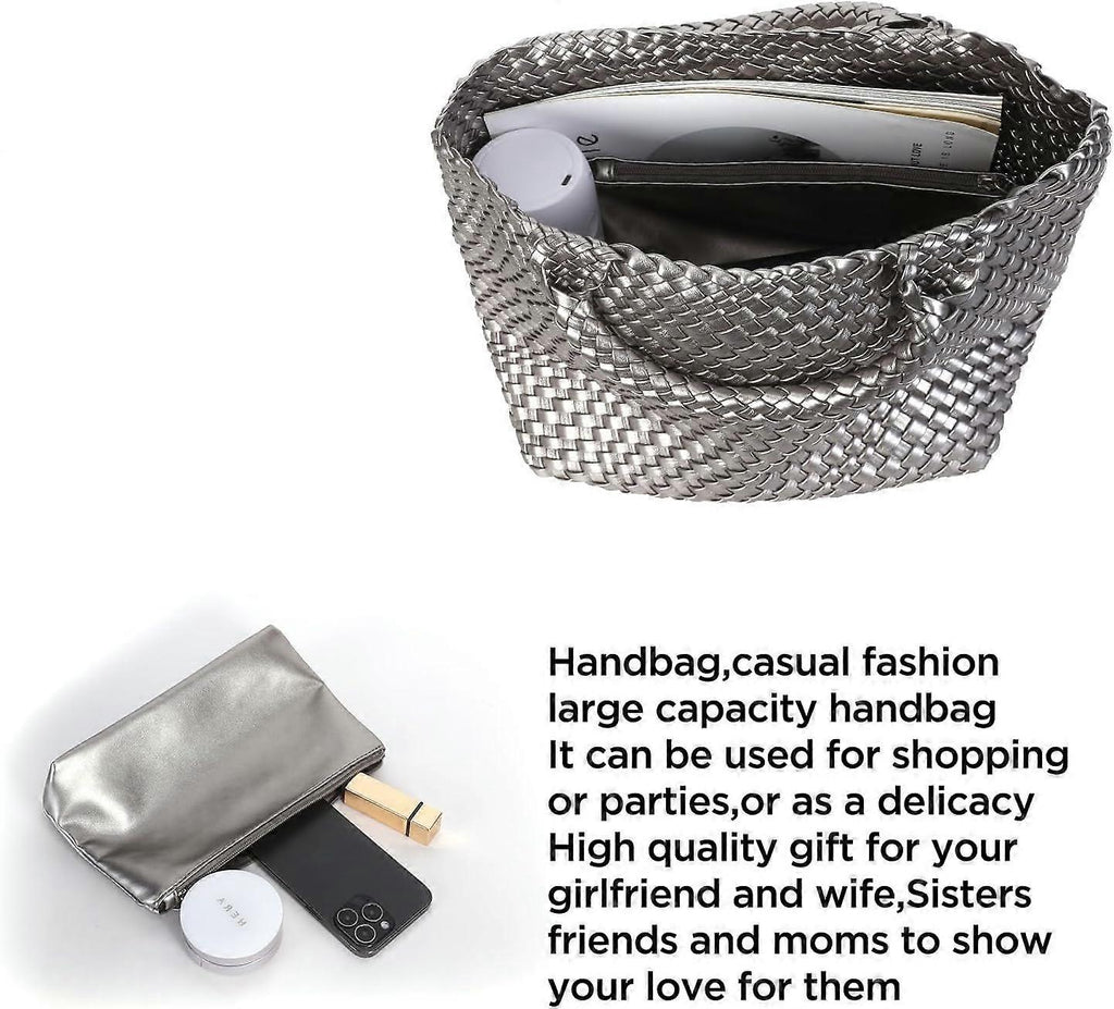 Woven Tote Bag for Women Soft Leather Handbag with Pocket