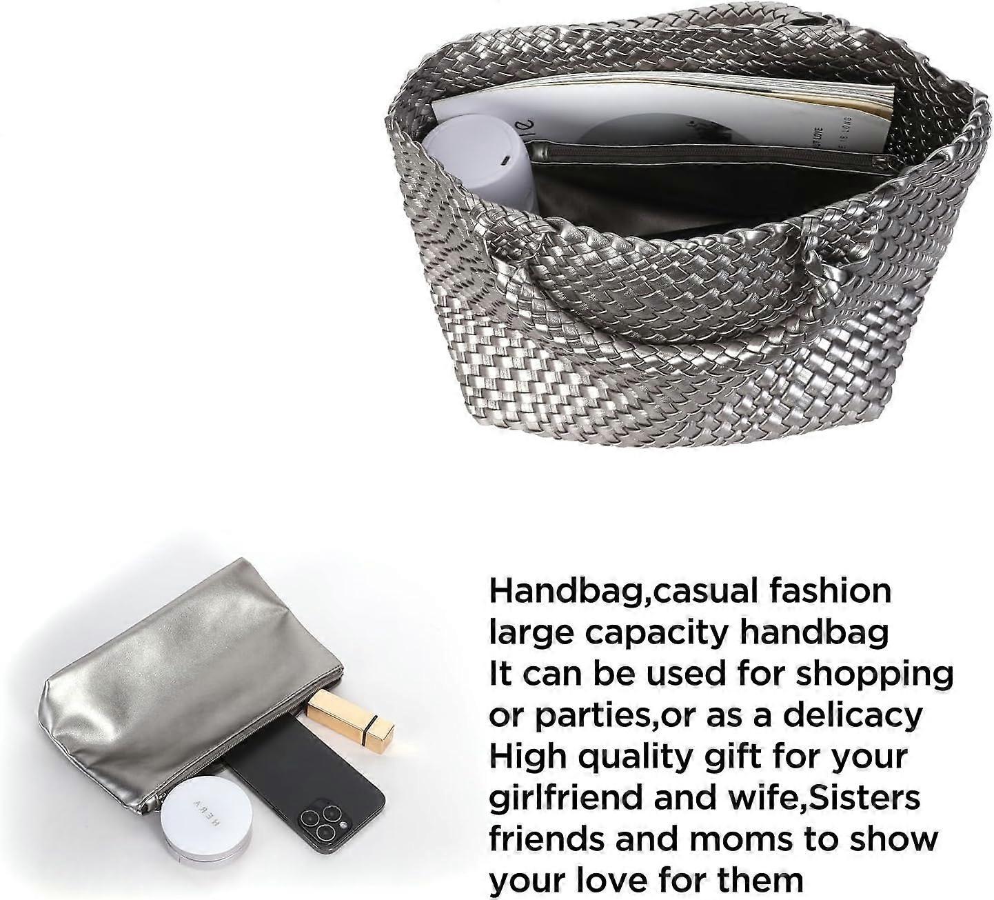 Woven Tote Bag for Women Soft Leather Handbag with Pocket