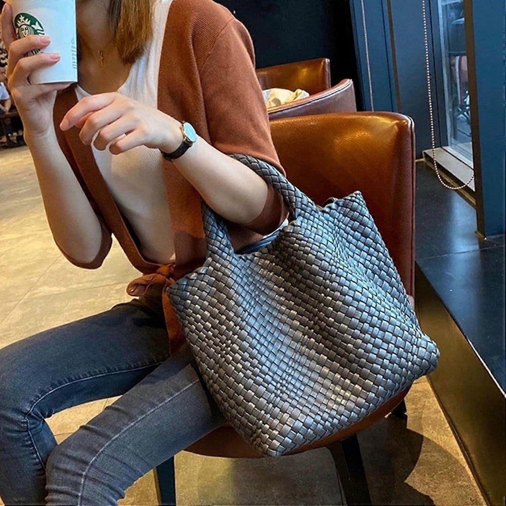Woven Tote Bag for Women Soft Leather Handbag with Pocket