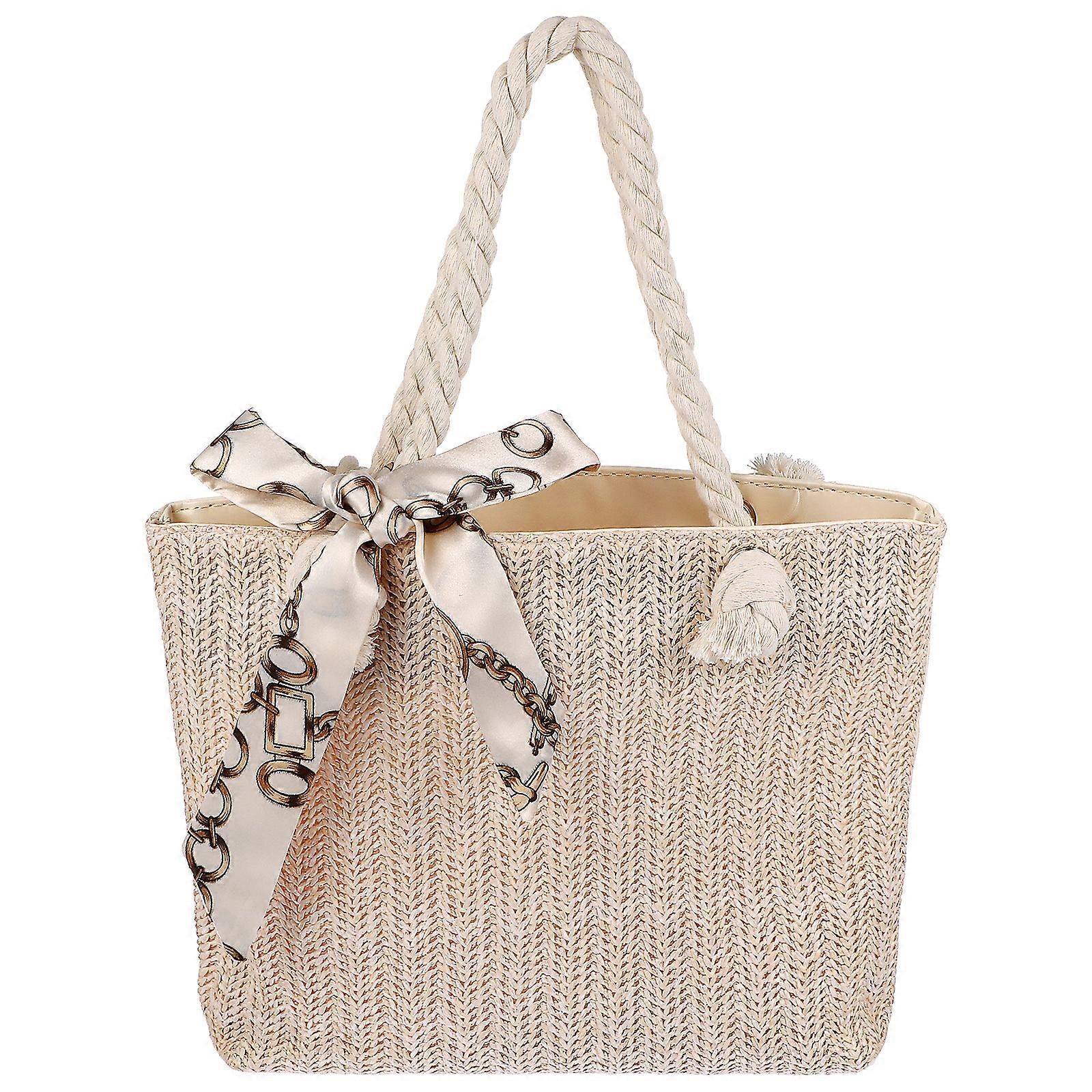 Women's Woven Tote Bag Large Beach Handbag Beige Woven Tote