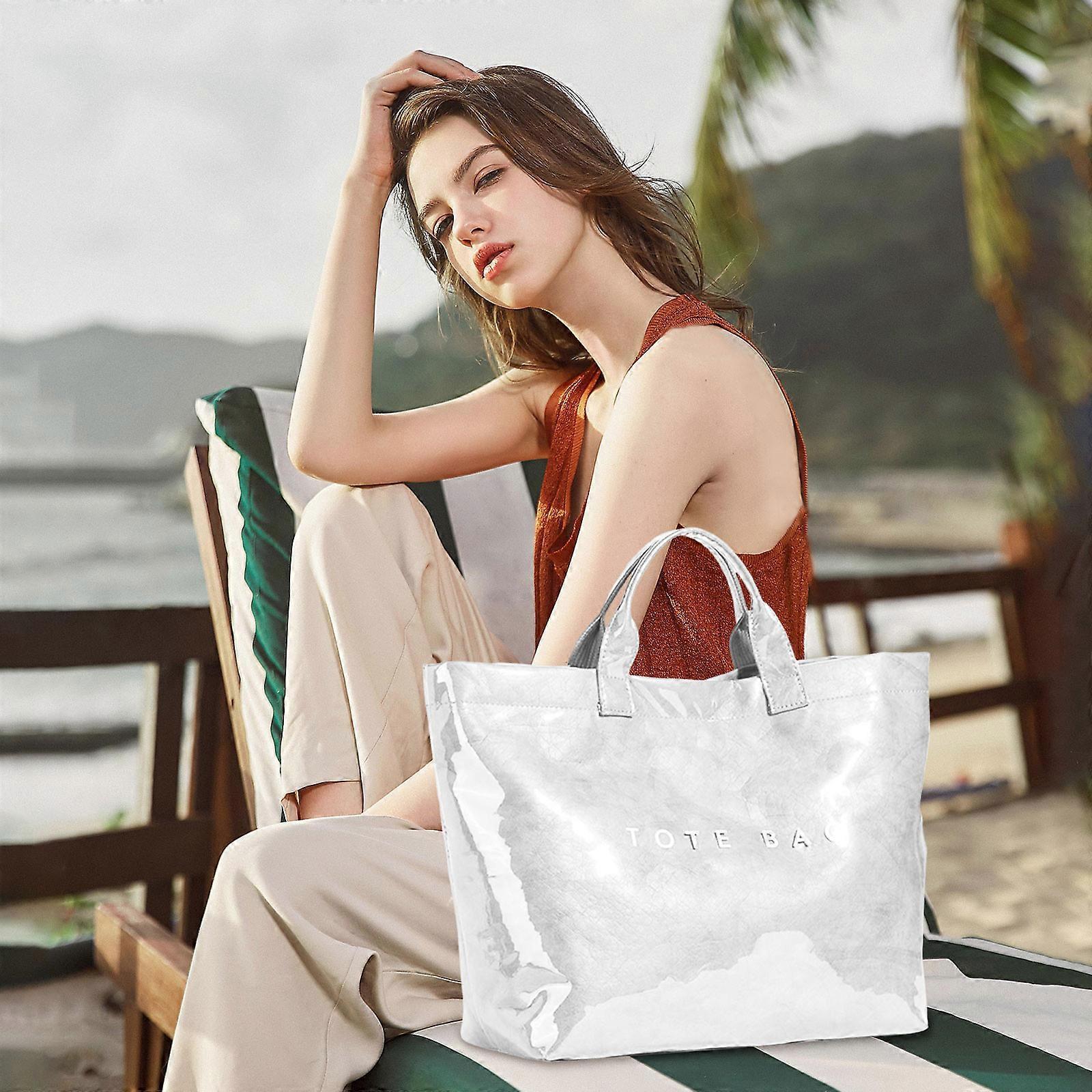 PVC Tote Bag for Women Large Fashion Solid Color Letter Print Tote