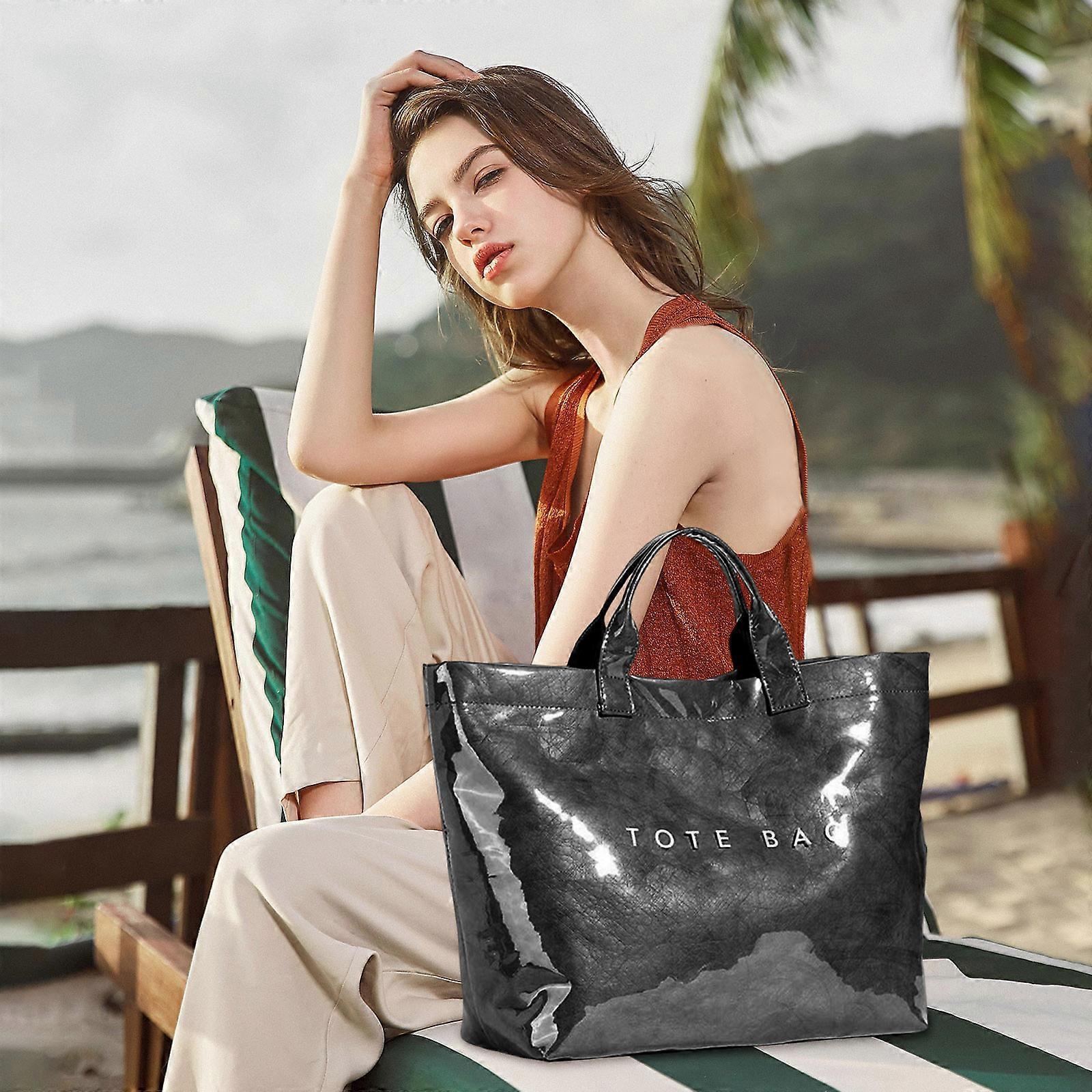 PVC Tote Bag for Women Large Fashion Solid Color Letter Print Tote