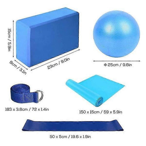 5pc Yoga Set - Yoga Ball, Block, Elastic Band, Stretch Band, Belt