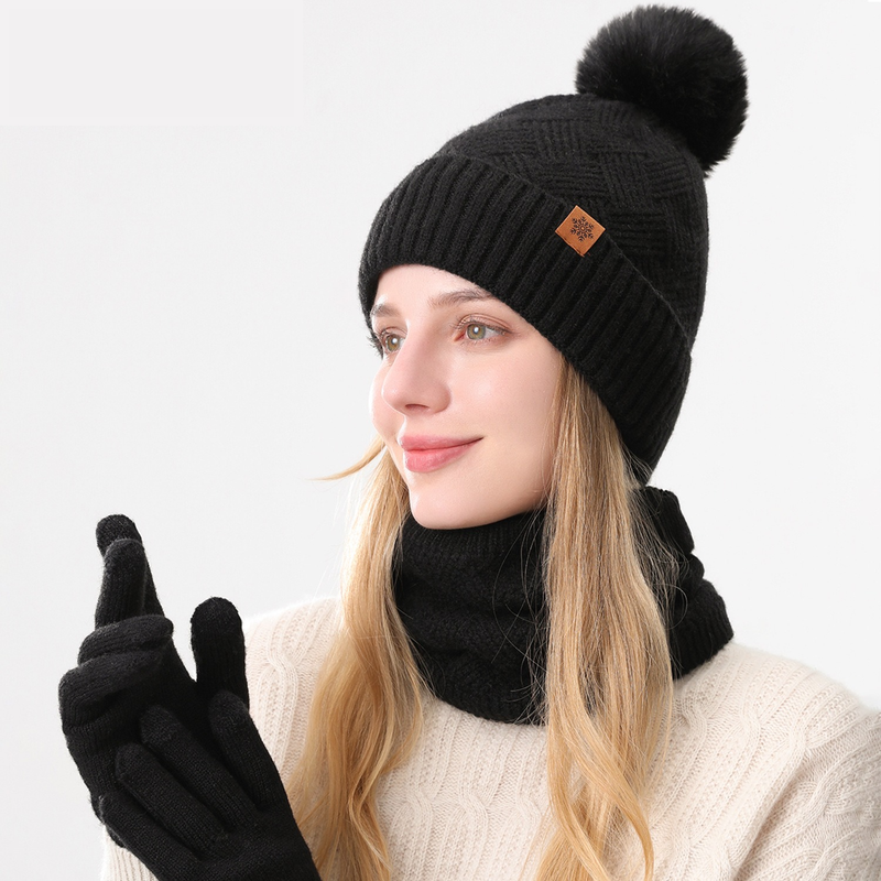 Women's Fashionable Winter 3-Piece Set: Knit Hat, Scarf, and Gloves.  A must-have for outdoor skiing and cycling - Black