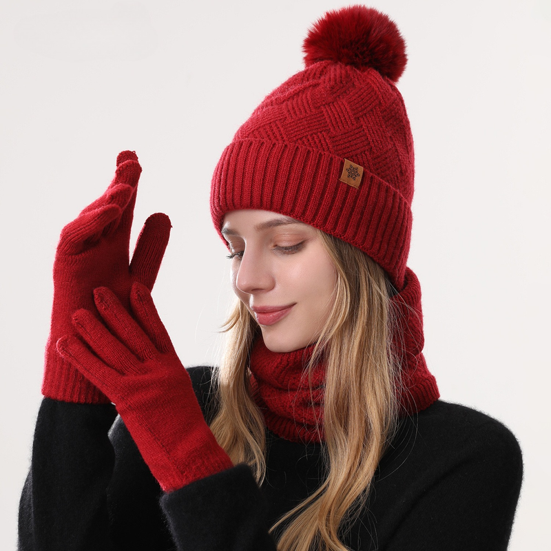 Women's Fashionable Winter 3-Piece Set: Knit Hat, Scarf, and Gloves.  A must-have for outdoor skiing and cycling - Red