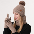 Women's Fashionable Winter 3-Piece Set: Knit Hat, Scarf, and Gloves.  A must-have for outdoor skiing and cycling - Khaki