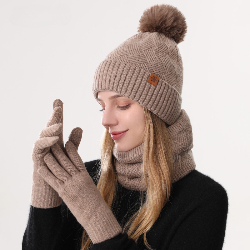 Women's Fashionable Winter 3-Piece Set: Knit Hat, Scarf, and Gloves.  A must-have for outdoor skiing and cycling - Khaki