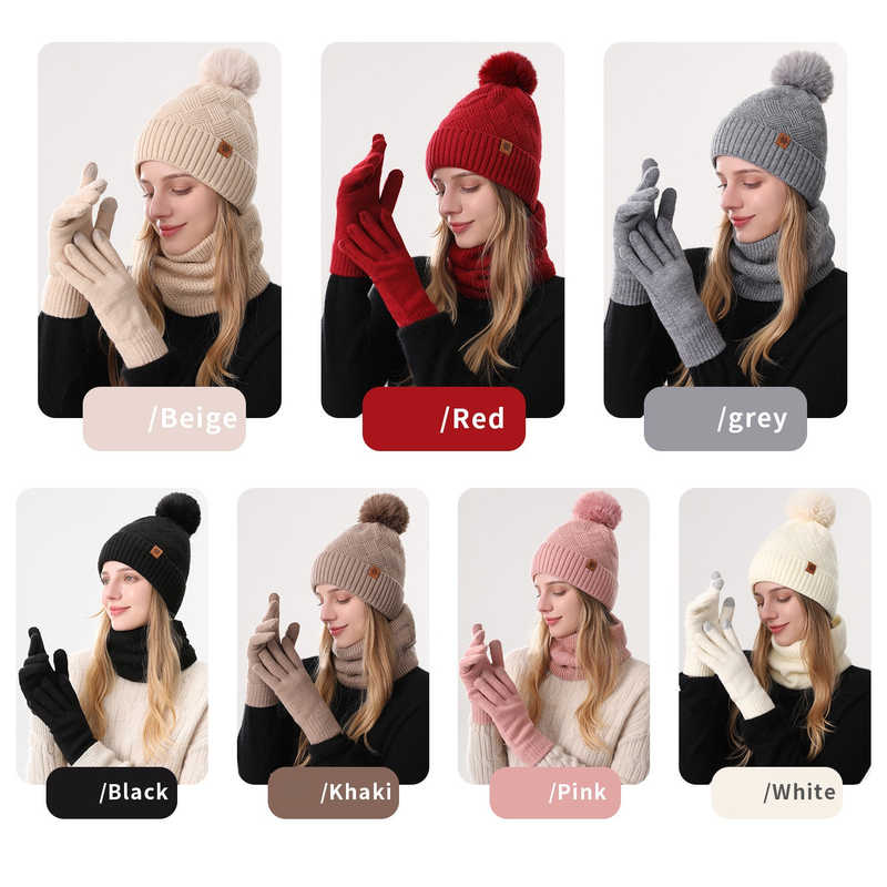 Women's Fashionable Winter 3-Piece Set: Knit Hat, Scarf, and Gloves.  A must-have for outdoor skiing and cycling - Khaki
