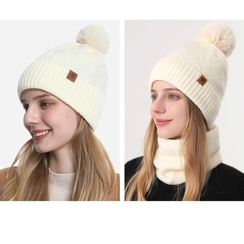 Women's Fashionable Winter 3-Piece Set: Knit Hat, Scarf, and Gloves.  A must-have for outdoor skiing and cycling - Off-White