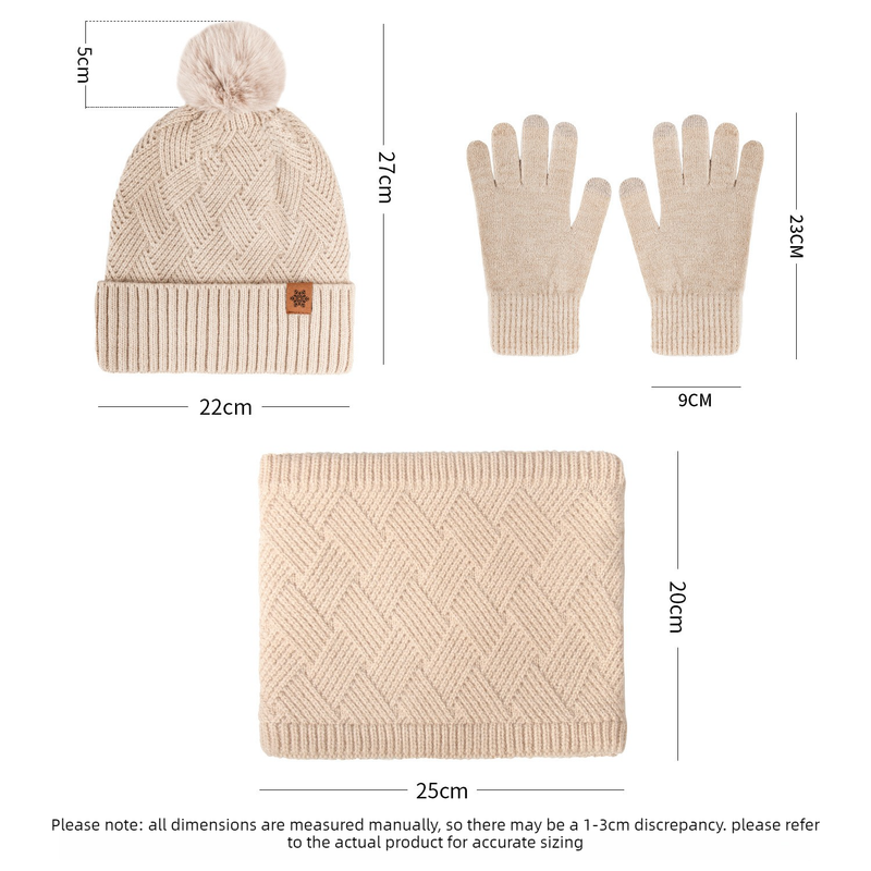 Women's Fashionable Winter 3-Piece Set: Knit Hat, Scarf, and Gloves.  A must-have for outdoor skiing and cycling - Off-White
