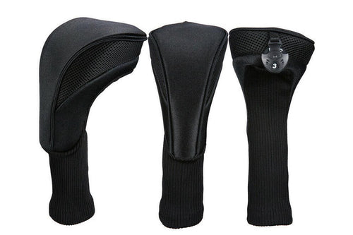 3Pcs Set Golf Club Head Cover for Woods and Driver with Interchangeable Tags 3 4 5 7 X - Black