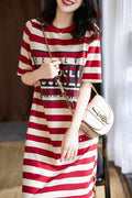 Zebina Womens Striped Short Sleeve Dress Red 3XL