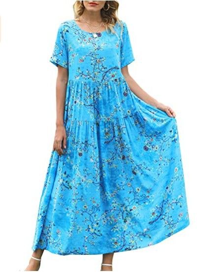Women Floral Long Dress Short Sleeve Polyester Picture color 1 XXXL