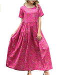 Women Floral Long Dress Short Sleeve Polyester Picture Color 2 XS