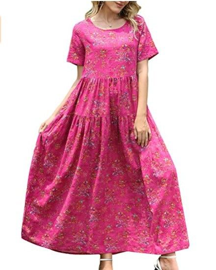 Women Floral Long Dress Short Sleeve Polyester Picture Color 2 XXXL