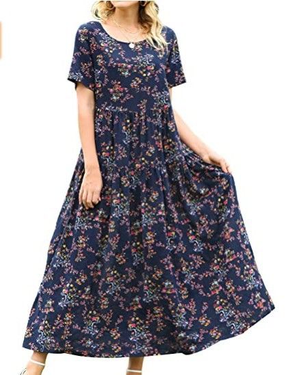 Women Floral Long Dress Short Sleeve Polyester Picture Color 3 XS