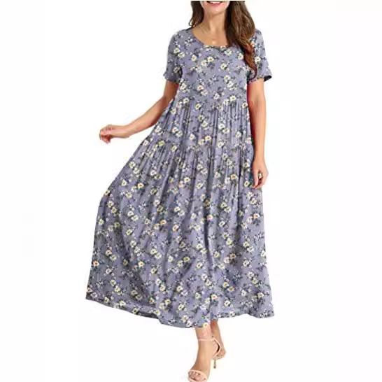 Women Floral Long Dress Short Sleeve Polyester Picture Color 3 XS