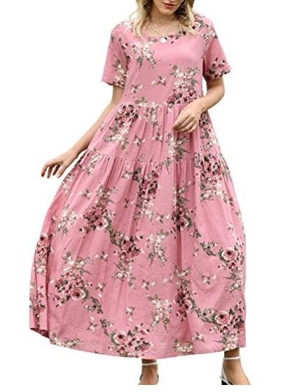 Women Floral Long Dress Short Sleeve Polyester Picture Color 4 XXXL