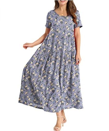 Women Floral Long Dress Short Sleeve Polyester Picture Color 5 XS