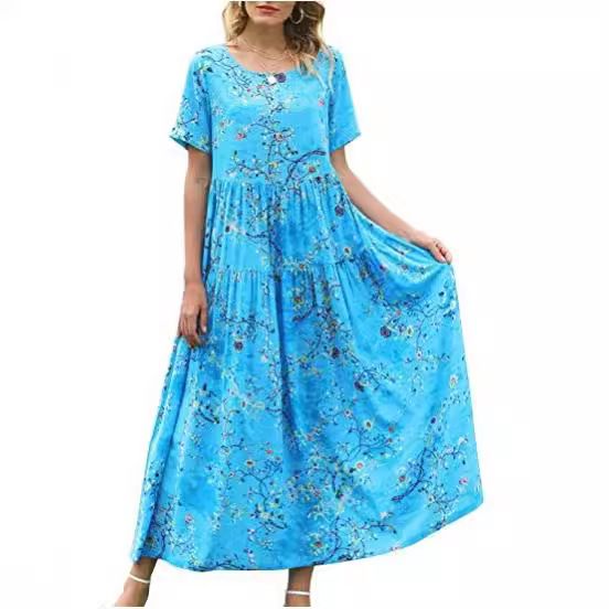 Women Floral Long Dress Short Sleeve Polyester Picture Color 5 XS