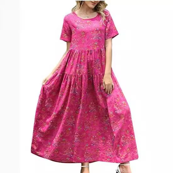 Women Floral Long Dress Short Sleeve Polyester Picture Color 5 XS