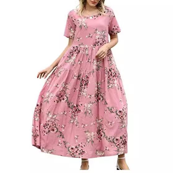 Women Floral Long Dress Short Sleeve Polyester Picture Color 5 XS