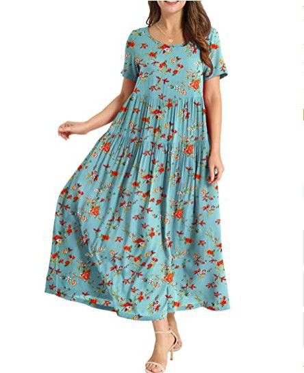Women Floral Long Dress Short Sleeve Polyester Picture color 6 XS