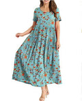 Women Floral Long Dress Short Sleeve Polyester Picture color 6 XS