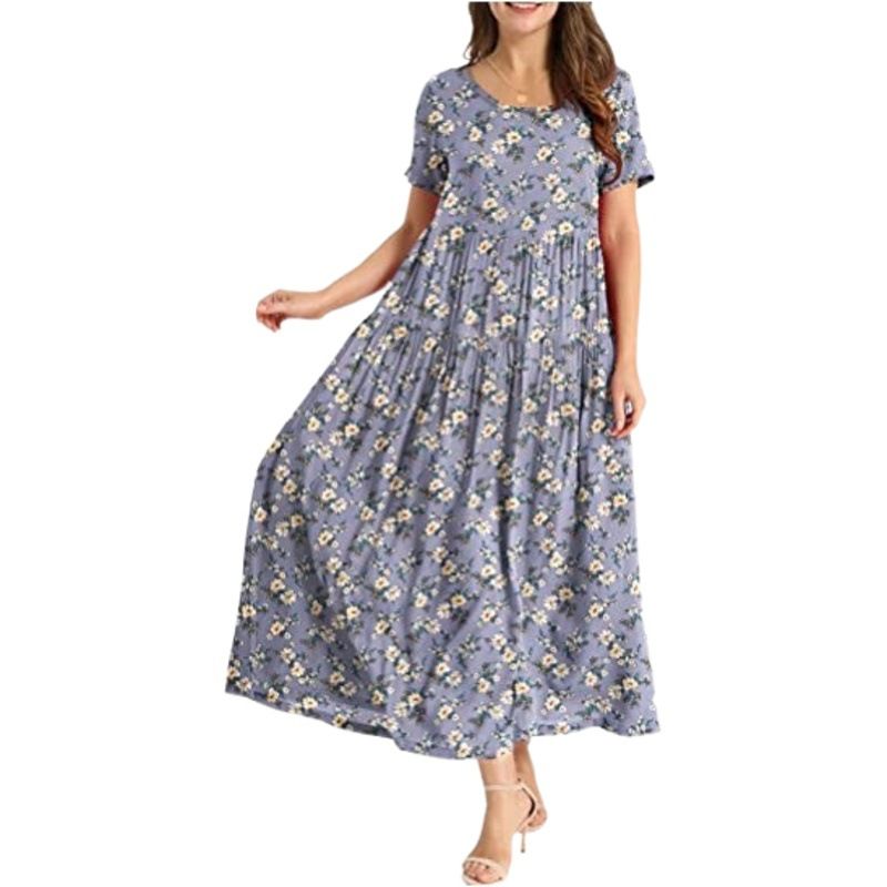 Women Floral Long Dress Short Sleeve Polyester Picture color 6 XS