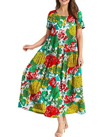 Women Floral Long Dress Short Sleeve Polyester Picture color 7 XS