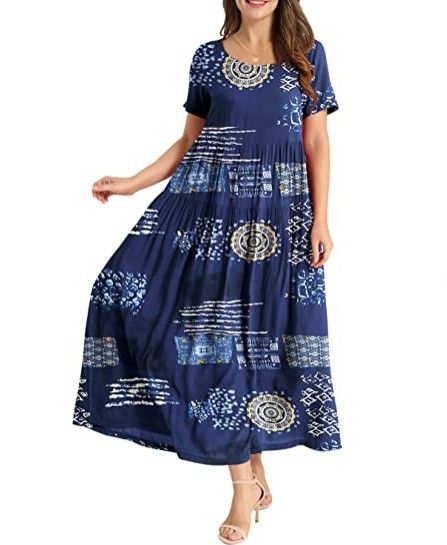 Women Floral Long Dress Short Sleeve Polyester Picture color 8 XS