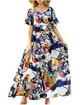 Women Floral Long Dress Short Sleeve Polyester Picture Color 9 XS
