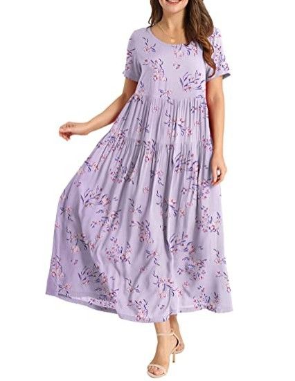 Women Floral Long Dress Short Sleeve Polyester Picture color 20 XXXL