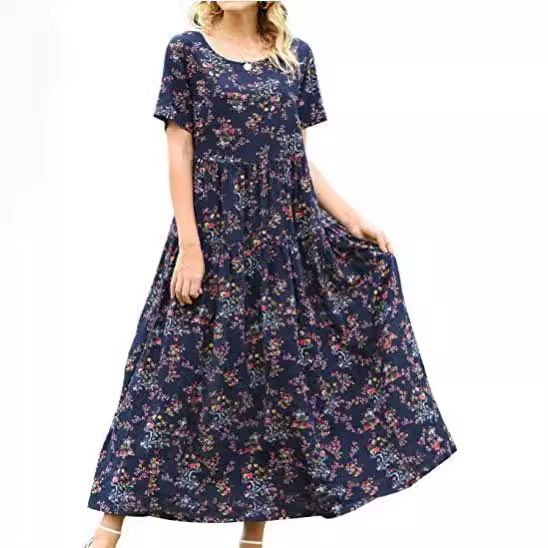 Women Floral Long Dress Short Sleeve Polyester Picture Color 21 XS