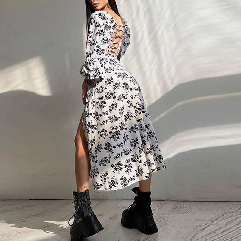 Hong Hao Women Printed Backless Long Dress Spring 2026 White 3XL
