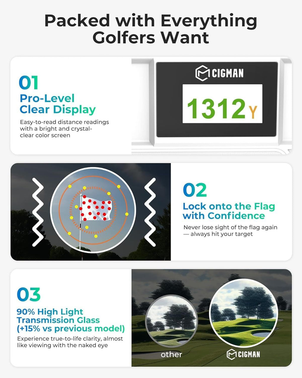 Golf Rangefinder with Slope, CIGMAN 1312 Yards Range Finder Golf, External Color Display, Flag Lock Vibration, 6X Magnification, Rechargeable Laser Range Finder with Magnetic