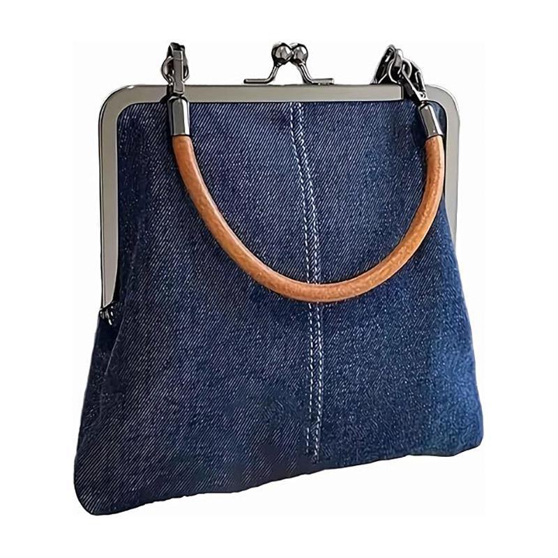 Small Handbag Women Tote Bag Cowboy Splicing Crossbody Shoulder Satchel Bag - Light Blue