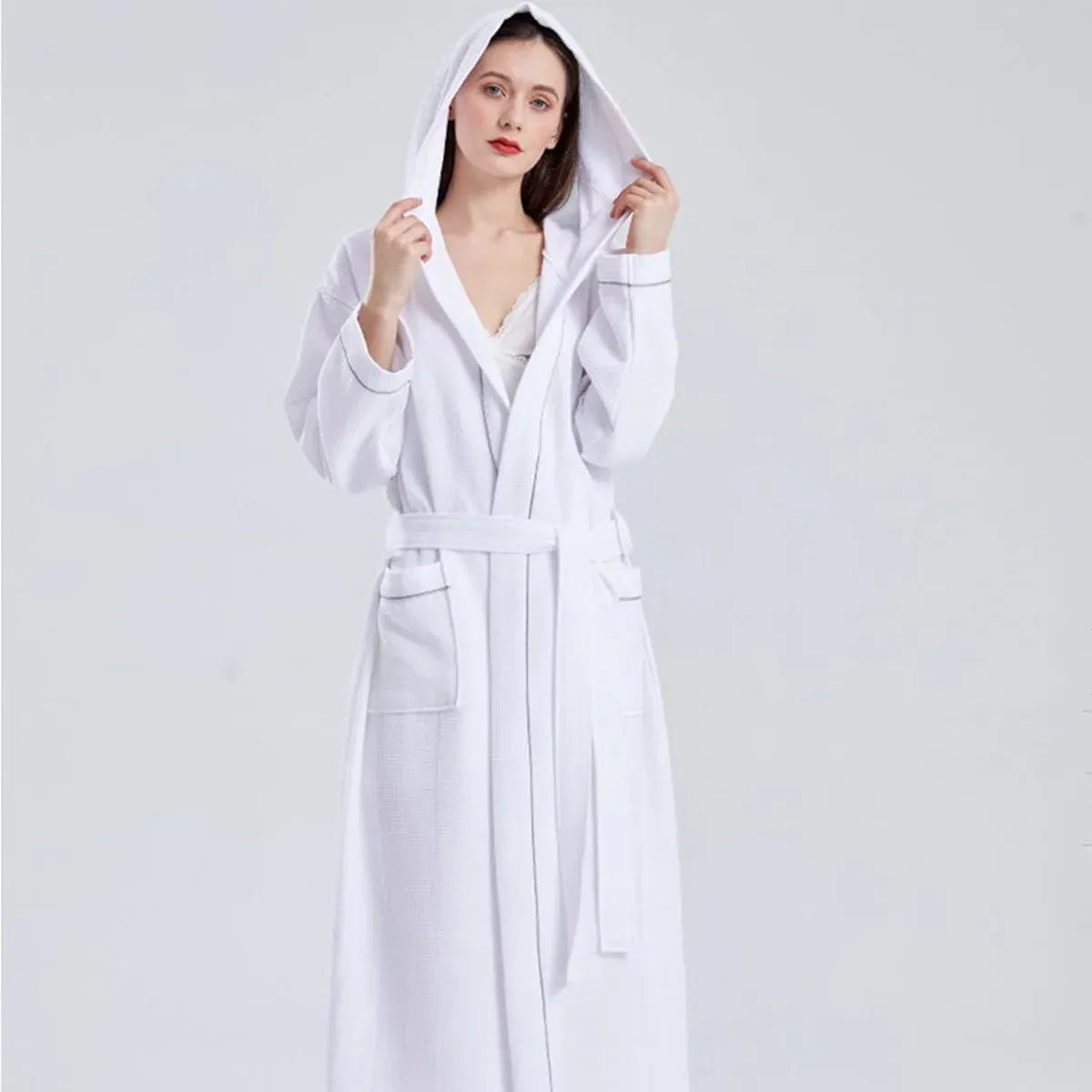 Hotel Bathrobe Waffle Hooded Robe Soft Absorbent for Men and Women Unisex Towels