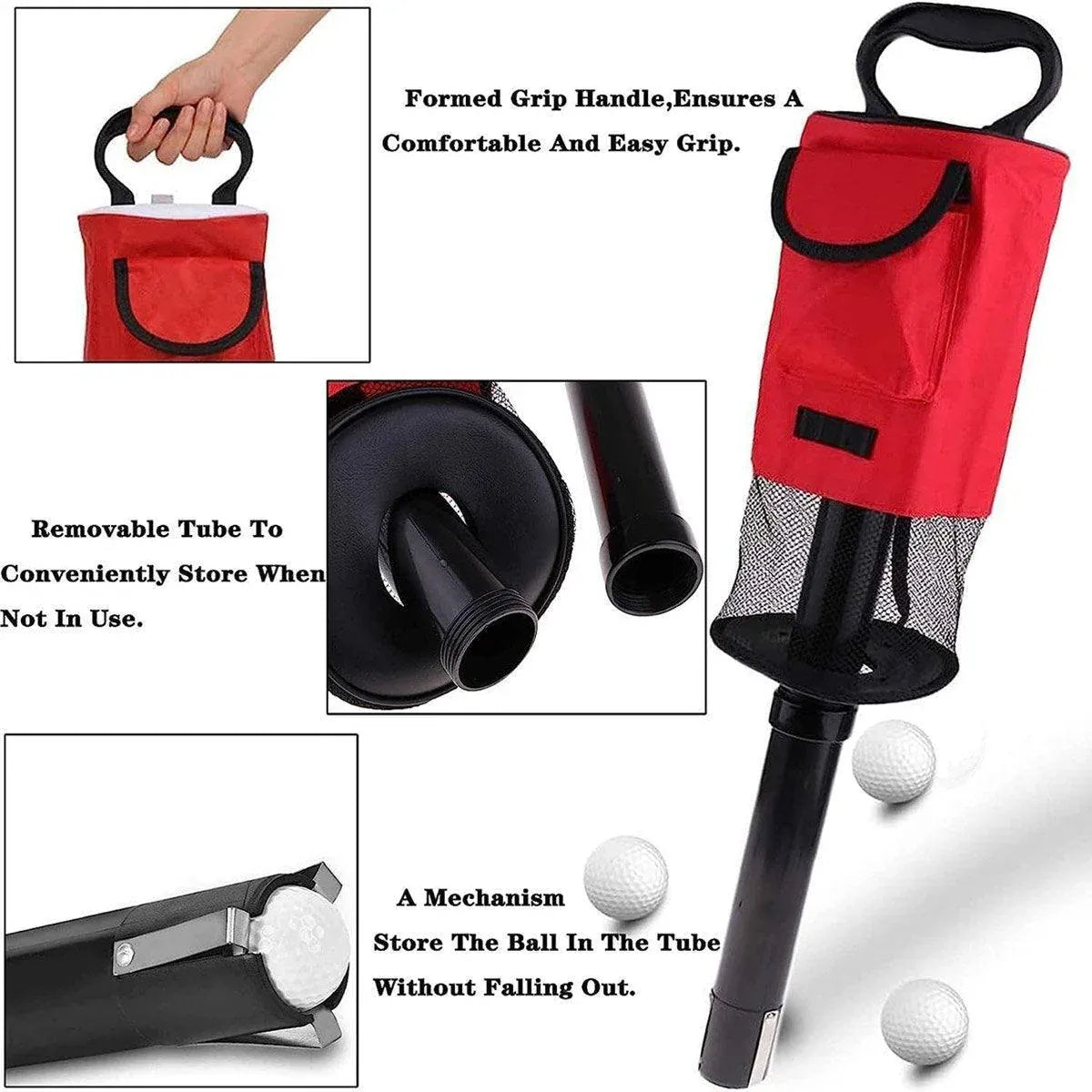 Golf Mesh Ball Pickup Tube Golf Accessories Portable Golf Ball Retriever Tool - Red