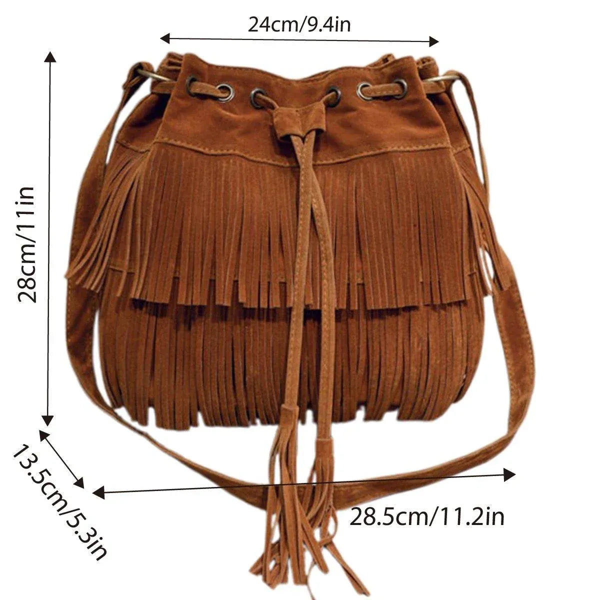 Brown Soft Velvet Tassel Womens Drawstring Shoulder Crossbody Bag for Fashion
