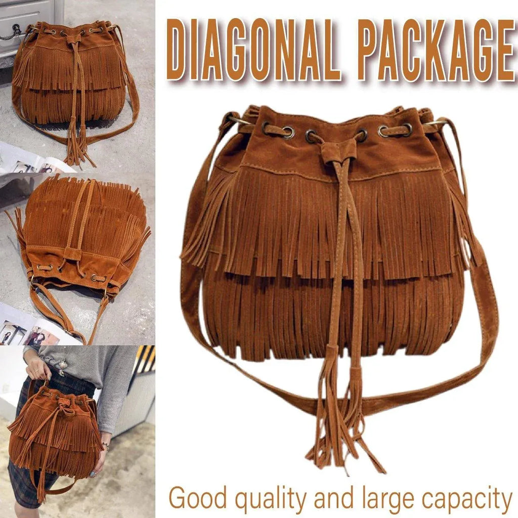 Brown Soft Velvet Tassel Womens Drawstring Shoulder Crossbody Bag for Fashion