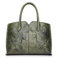 Green Elegant Embossed Rose Leather Handbag - Vintage Style Tote Bag